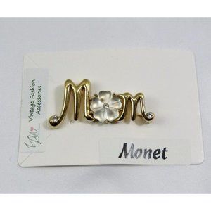 Monet Gold Tone Mom Brooch Lapel Pin Frosted Accent Flower Mother's Gift